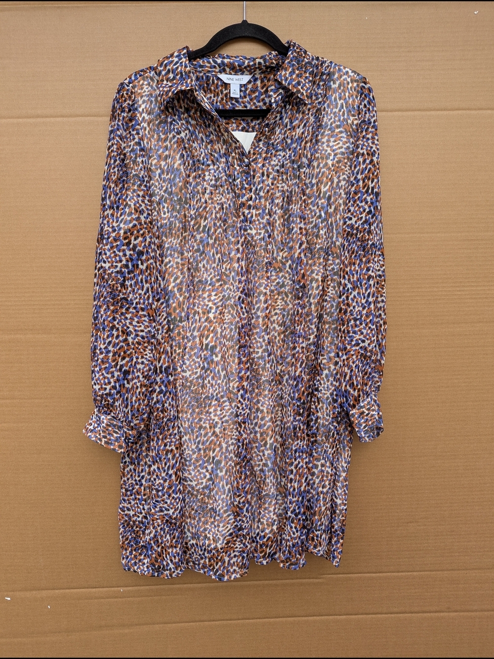 Nine West Boho Chic Animal Print Shirt Dress XL Multicolor WorkWear Long Sleeve